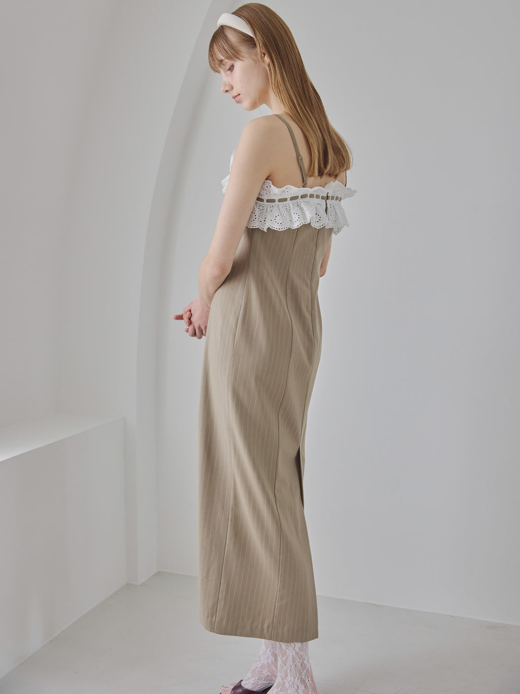 Lace ribbon stripe tight dress オリーブ size:M model:175cm MARTA