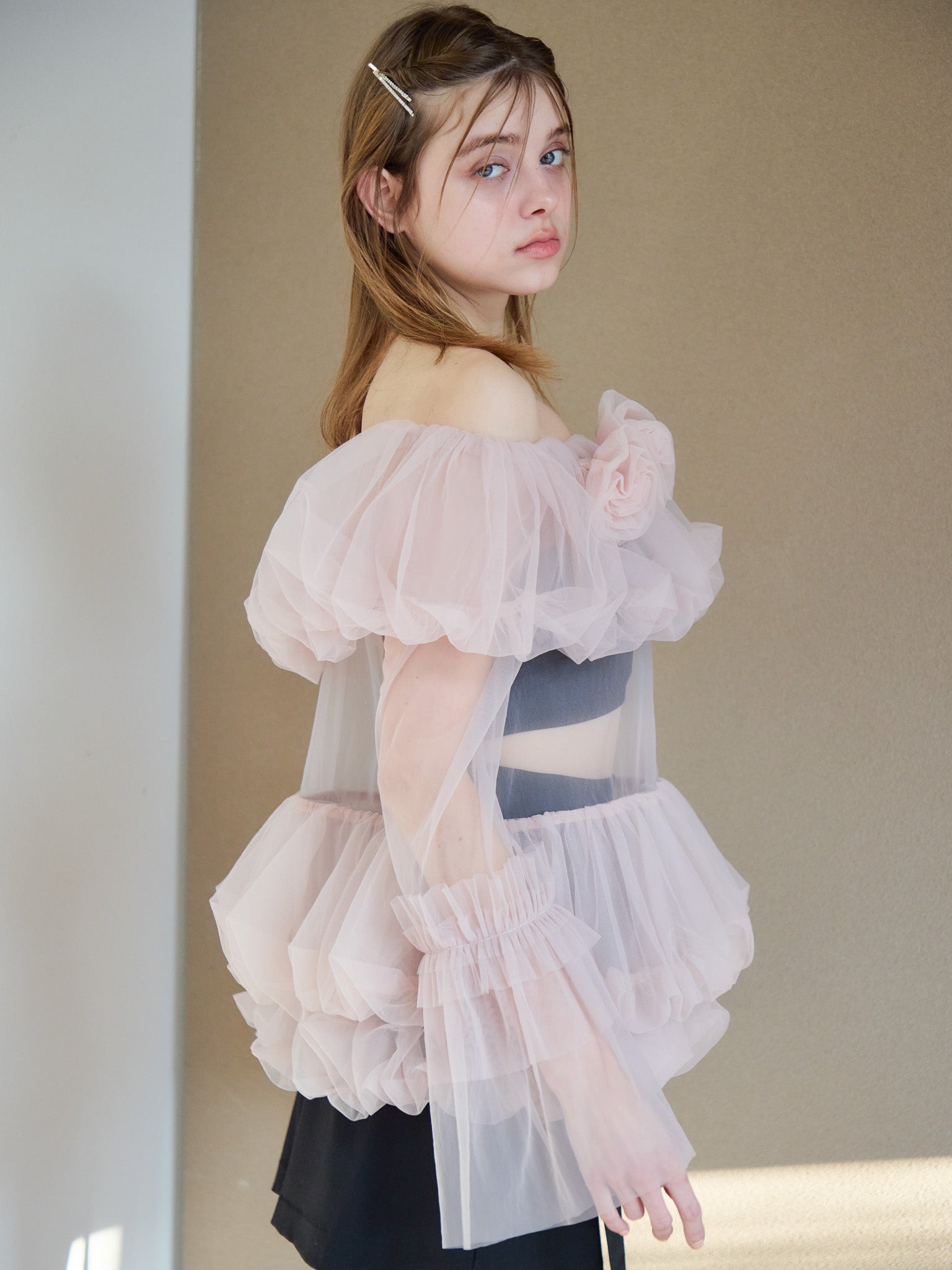 Rose tulle off shoulder blouse ピンク size:M model:174cm KATERYNA