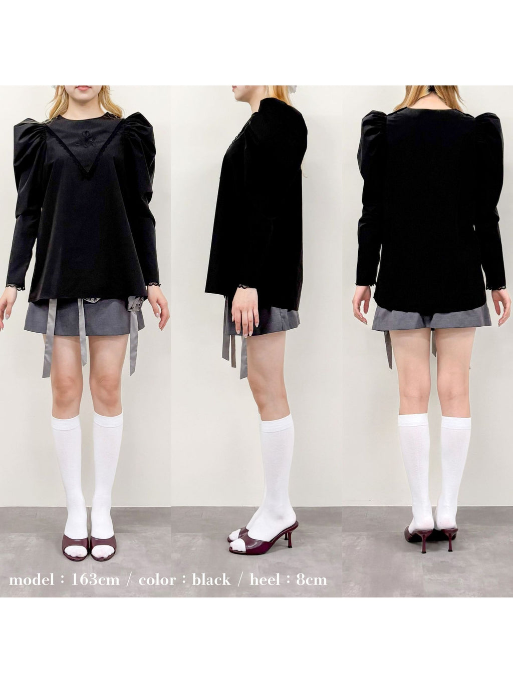 Tulip embroidered volume sleeve blouse ブラック