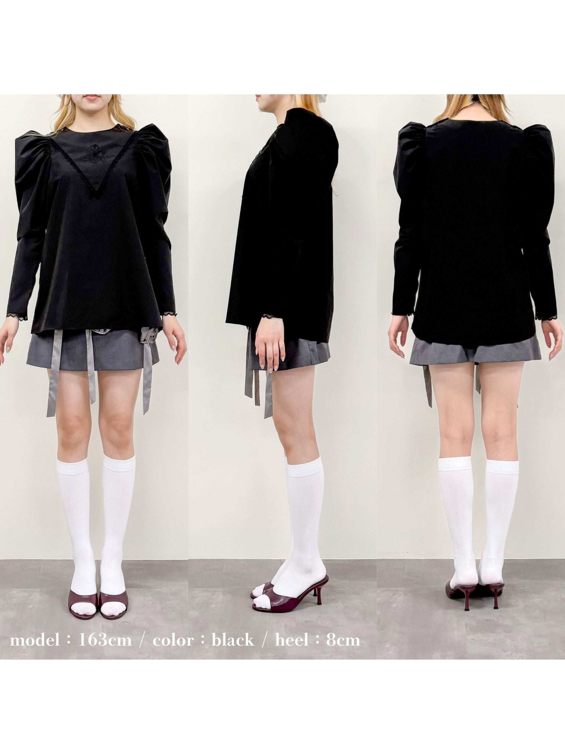 Tulip embroidered volume sleeve blouse ブラック