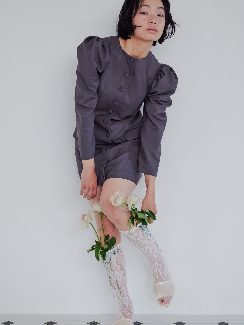 Volume sleeve mini dress グレー size:M model:161cm 富樫かなえ