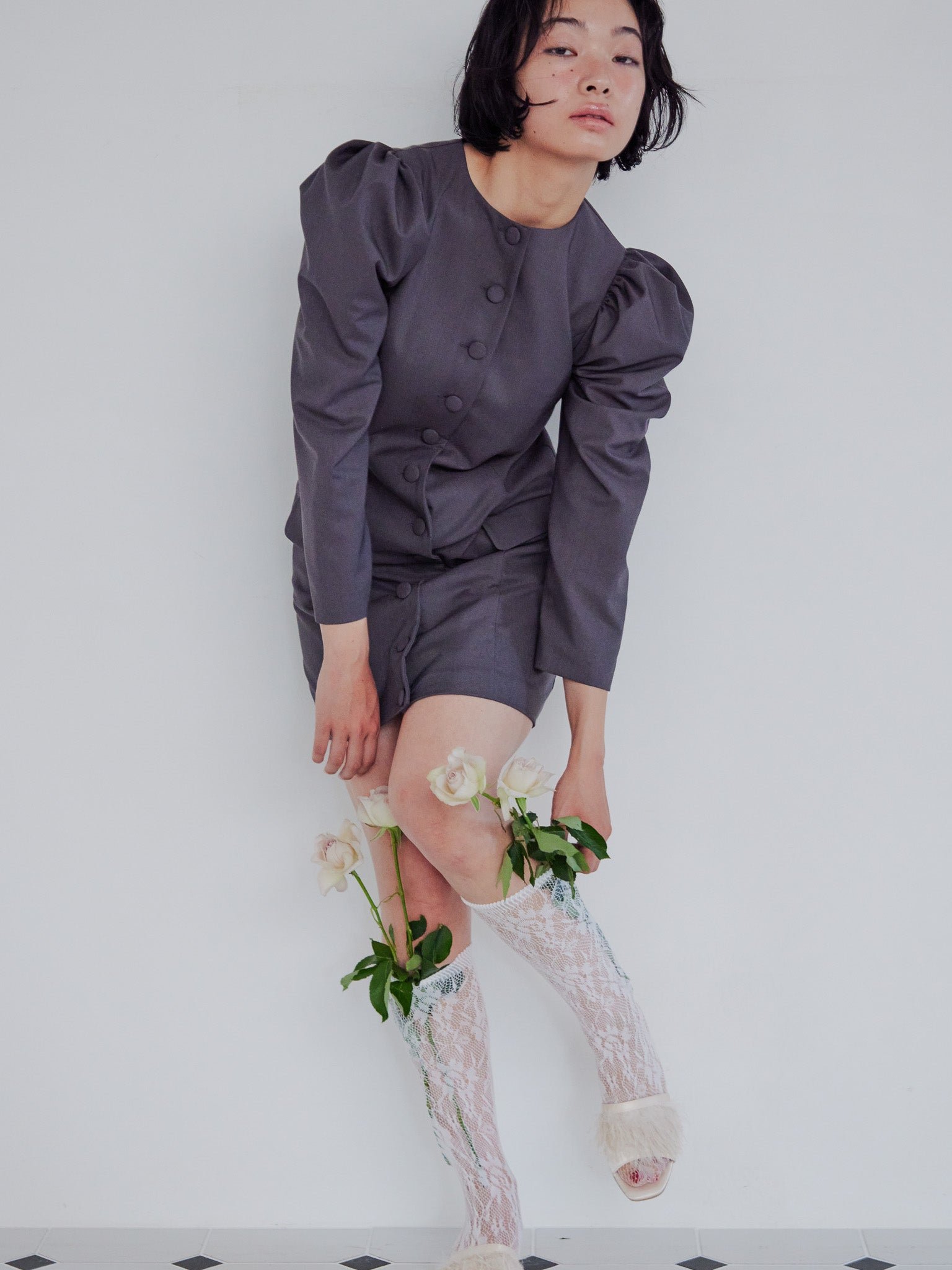 Volume sleeve mini dress グレー size:M model:161cm 富樫かなえ