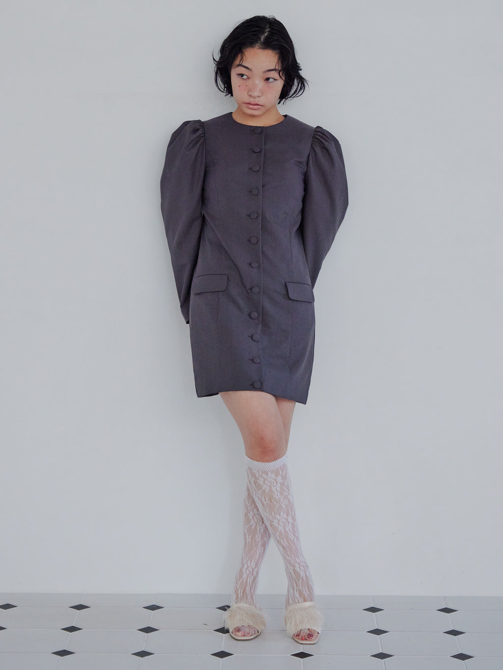 Volume sleeve mini dress グレー size:M model:161cm 富樫かなえ