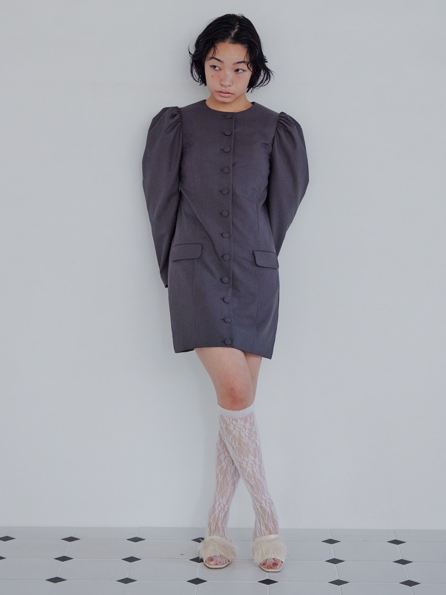 Volume sleeve mini dress グレー size:M model:161cm 富樫かなえ
