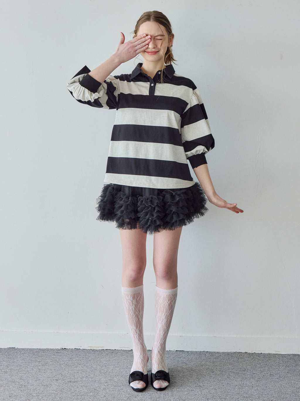 Rugby shirt and frill pants skirt ブラック size:M model:171cm ANIUTA