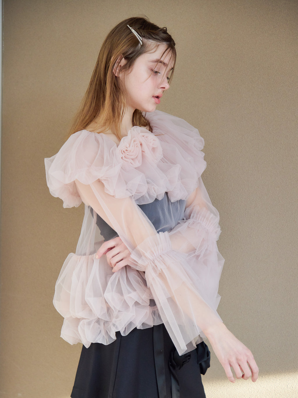 Rose tulle off shoulder blouse ピンク size:M model:174cm KATERYNA