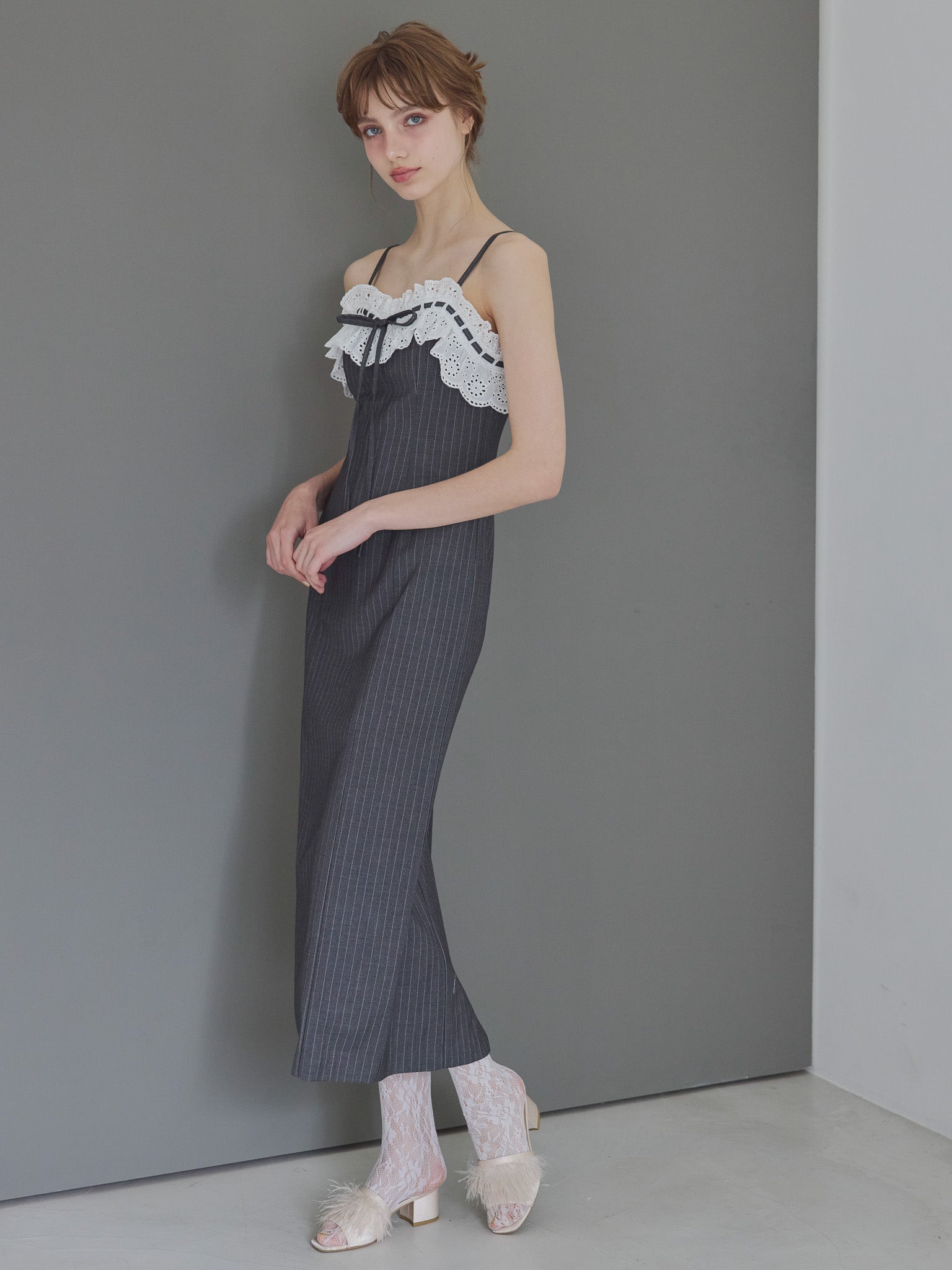 Lace ribbon stripe tight dress グレー size:M model:175cm MARTA