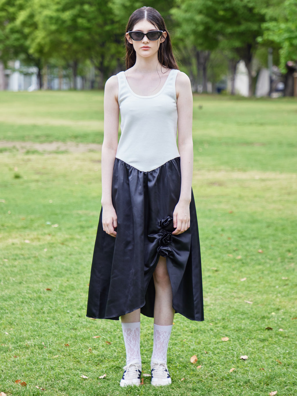 Rose satin docking rib dress ブラック size:M model:170cm ALICE