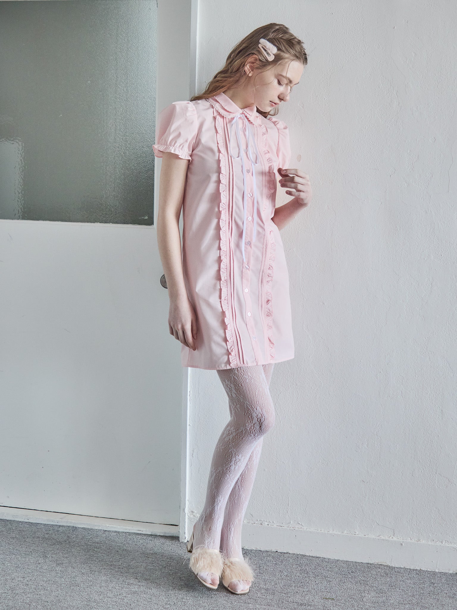 Pintuck mini shirt dress ピンク size:M model:171cm ANIUTA
