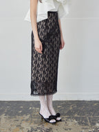 Ribbon embroidered lace tight skirt ブラック