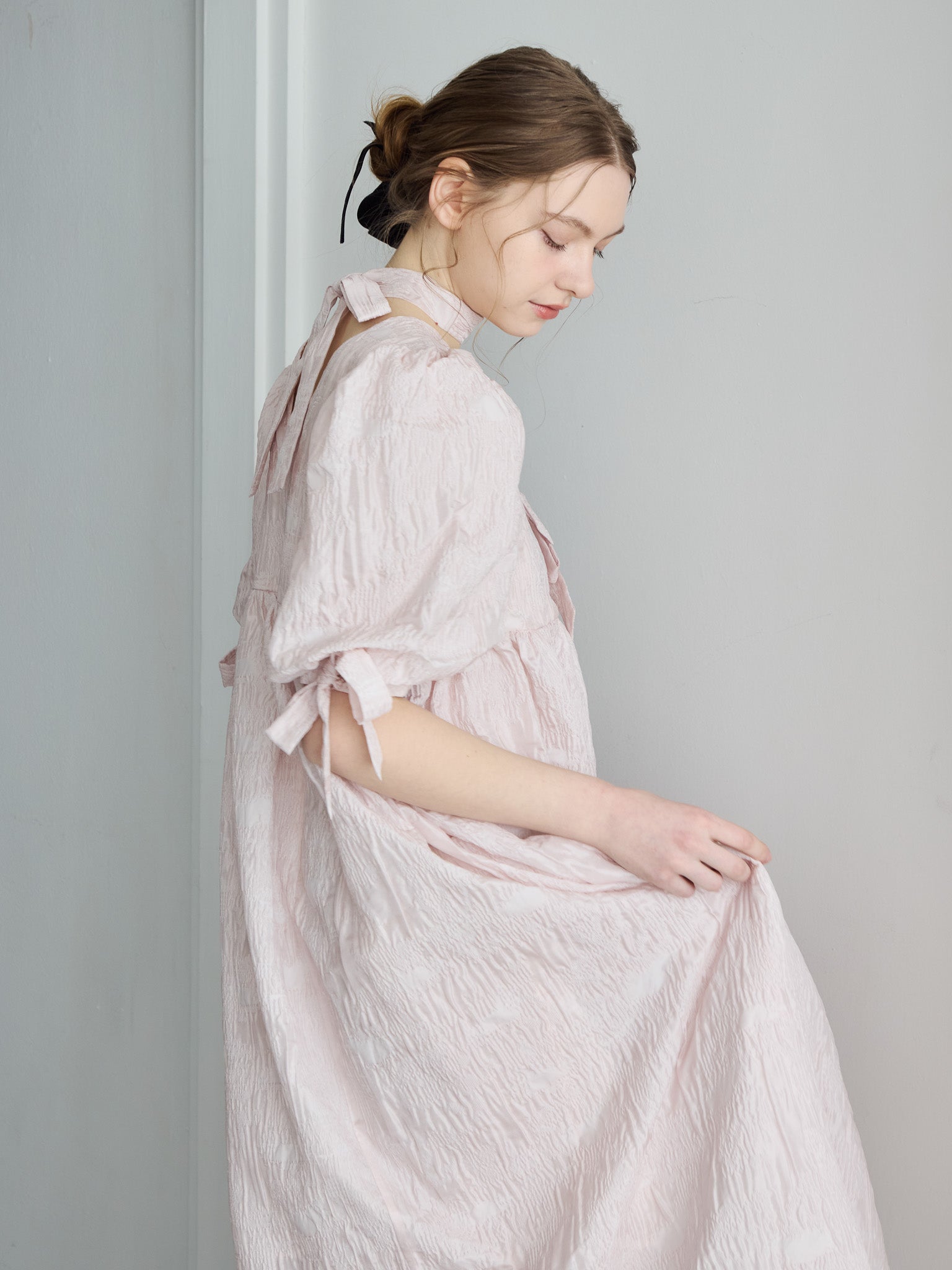 Ribbon jaquard volume dress ピンク size:M model:171cm ANIUTA