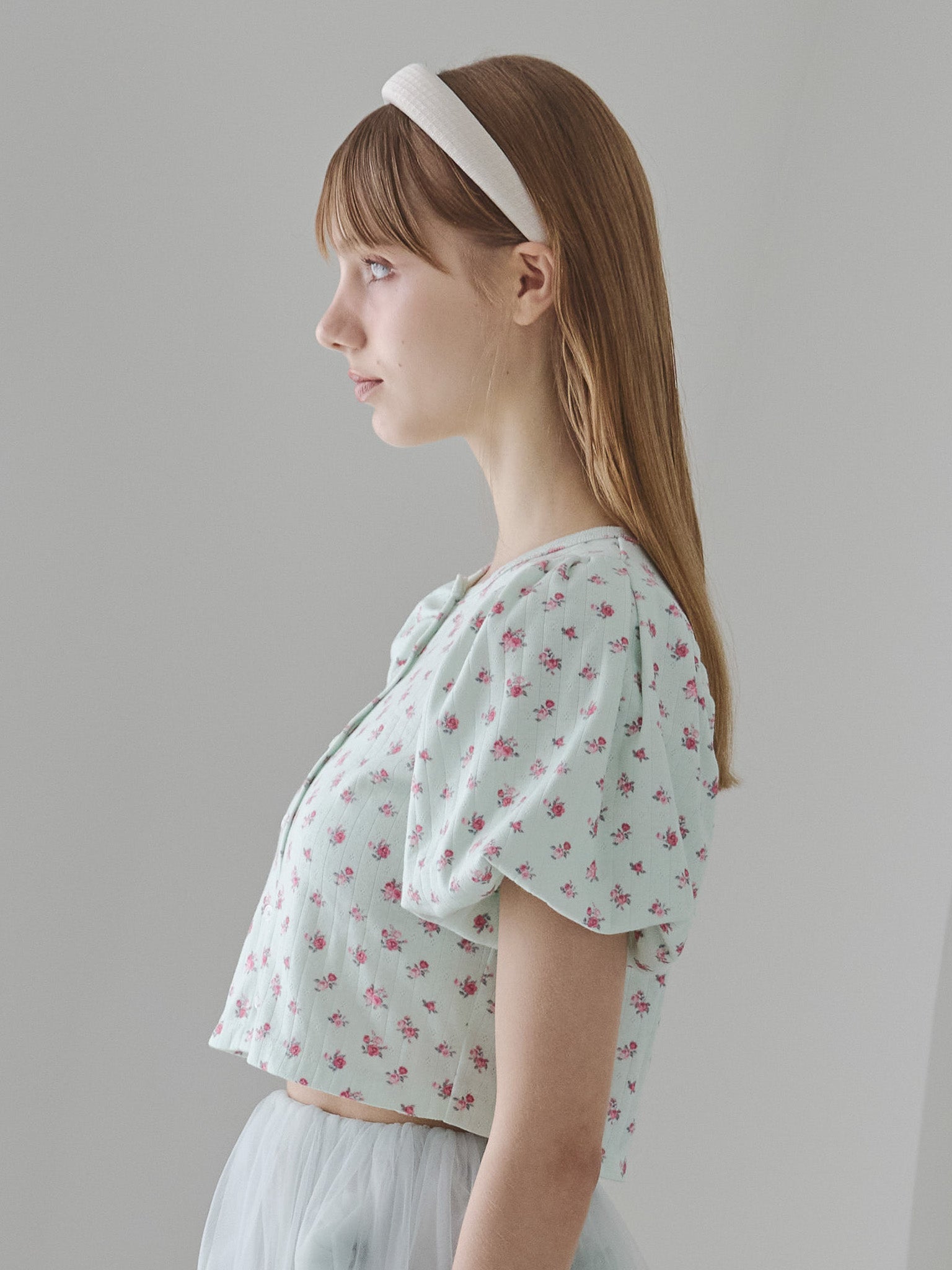 Tulle hem small floral print cardigan ミント size:M model:175cm MARTA