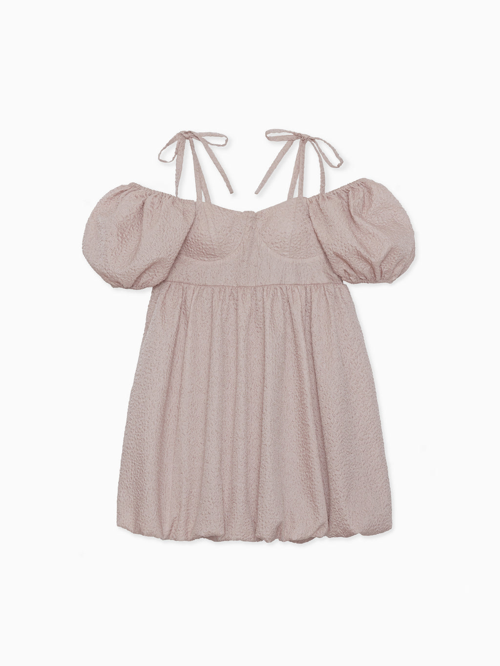 Back ribbon embossed volume mini dress ピンクベージュ