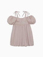 Back ribbon embossed volume mini dress ピンクベージュ