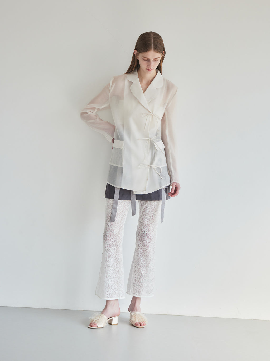 Ribbon sheer jacket アイボリー size:M model:174cm LERA