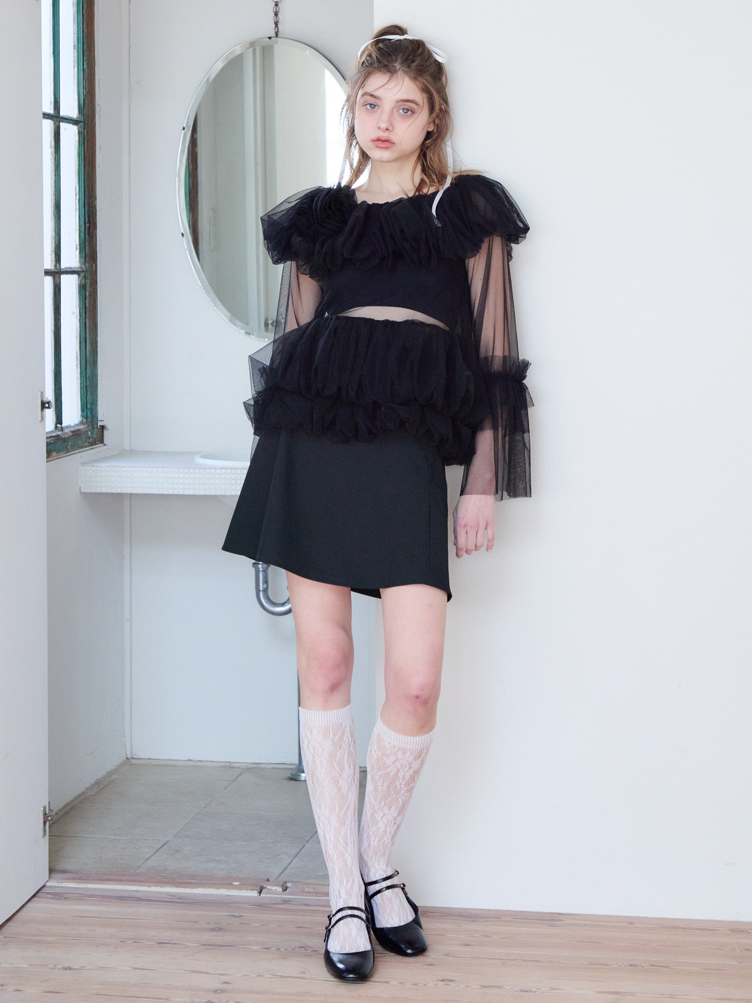 Rose tulle off shoulder blouse ブラック size:M model:174cm KATERYNA