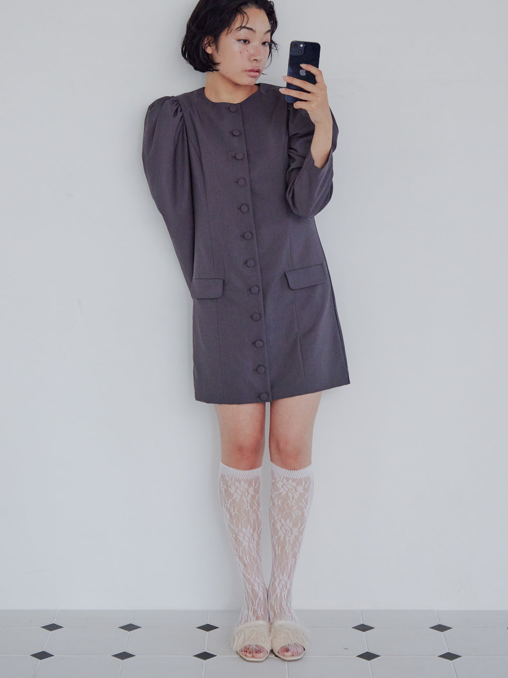 Volume sleeve mini dress グレー size:M model:161cm 富樫かなえ