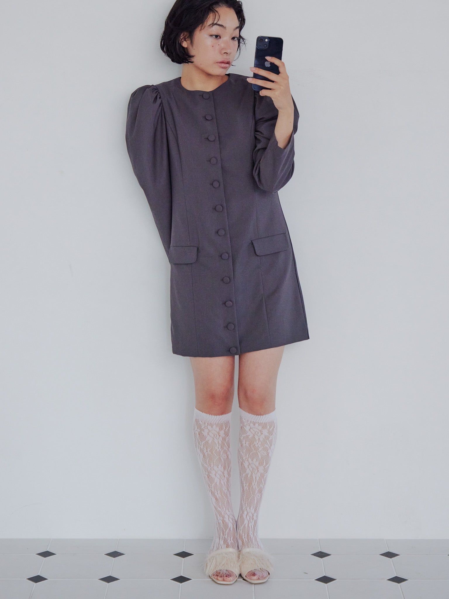 Volume sleeve mini dress グレー size:M model:161cm 富樫かなえ