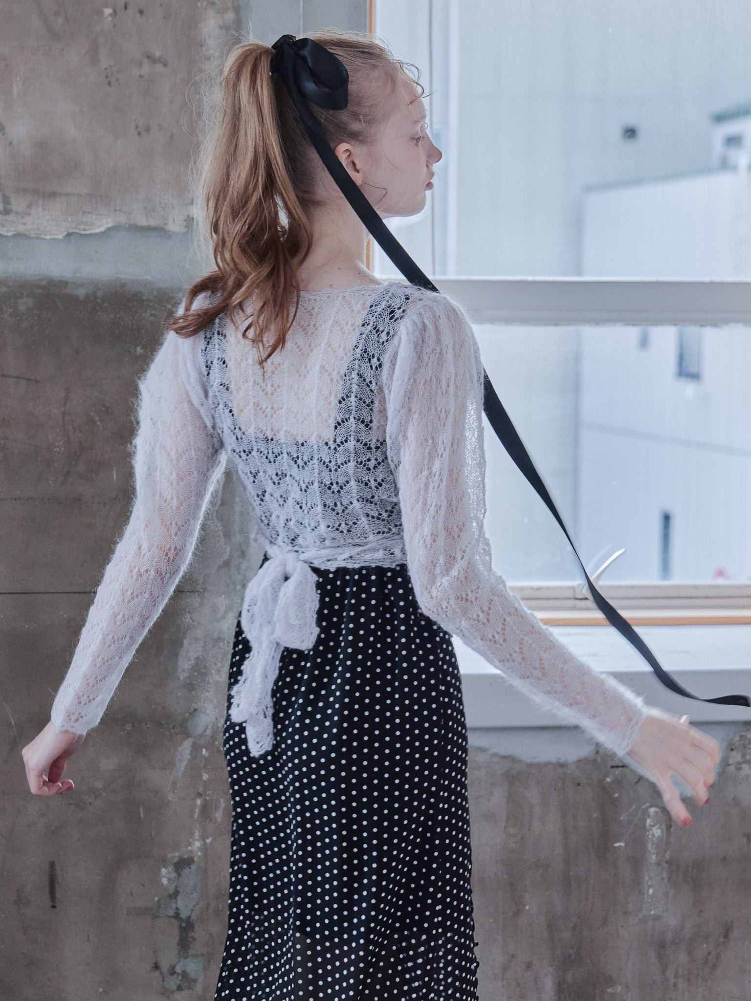 Mohair crochet ribbon cardigan ライトグレー size:M model:173cm DASHA.G