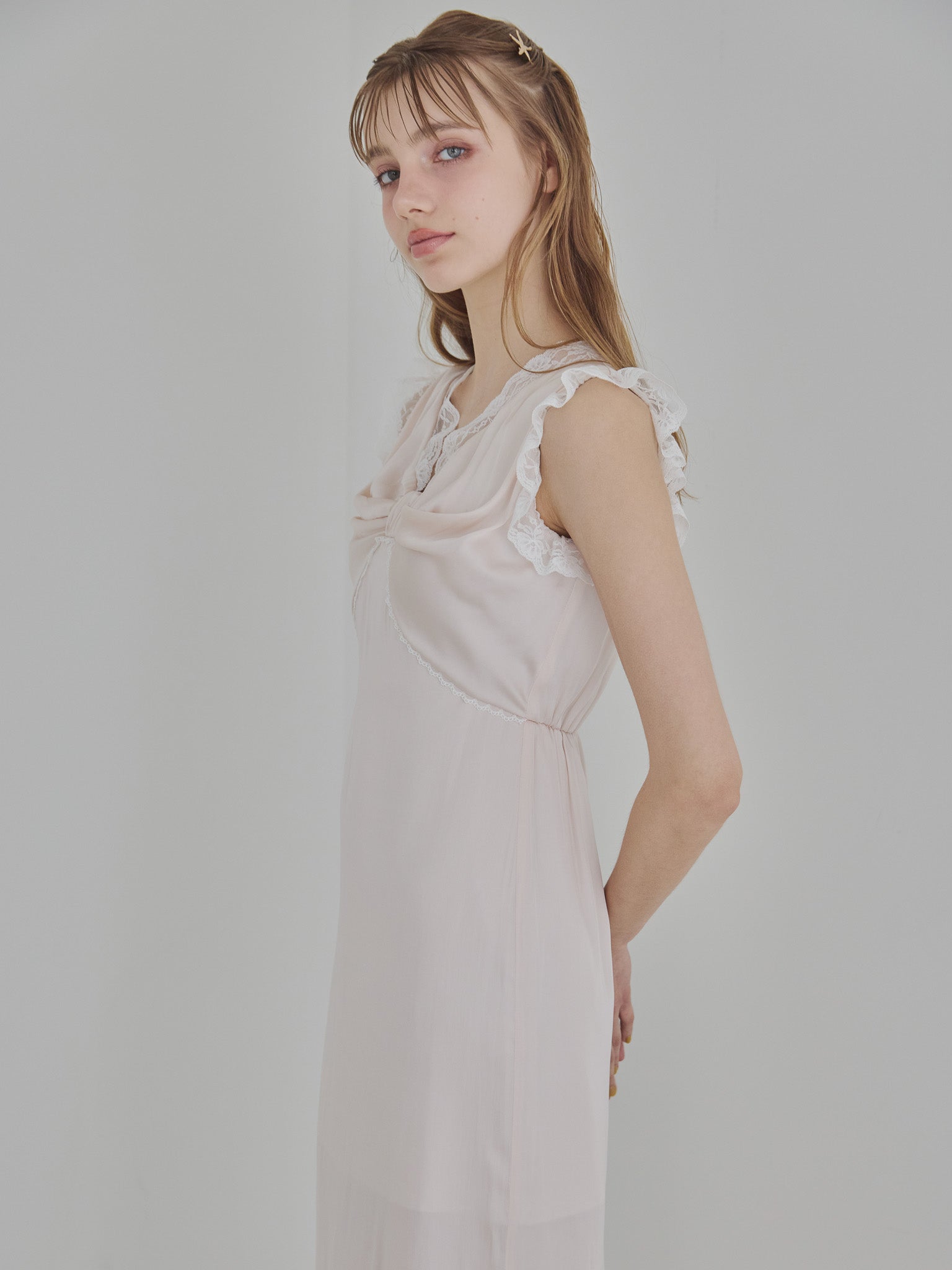 Lace trim satin ribbon dress ピンクベージュ size:M model:175cm MARTA
