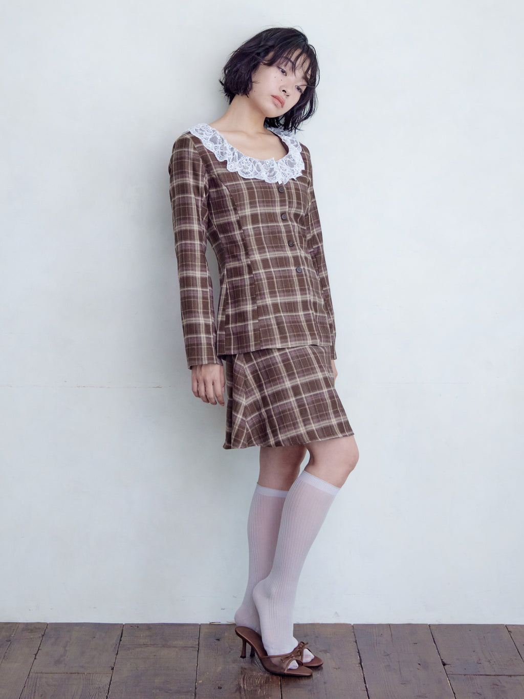 Lace trimmed tailored blouse ブラウン size:M model:161cm 富樫かなえ