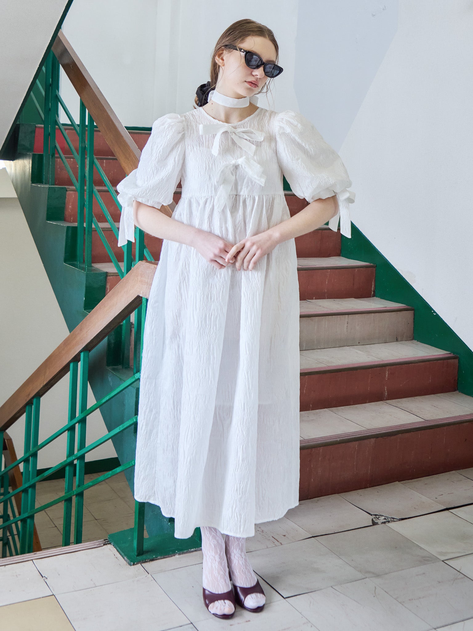 Ribbon jaquard volume dress ホワイト size:M model:171cm ANIUTA
