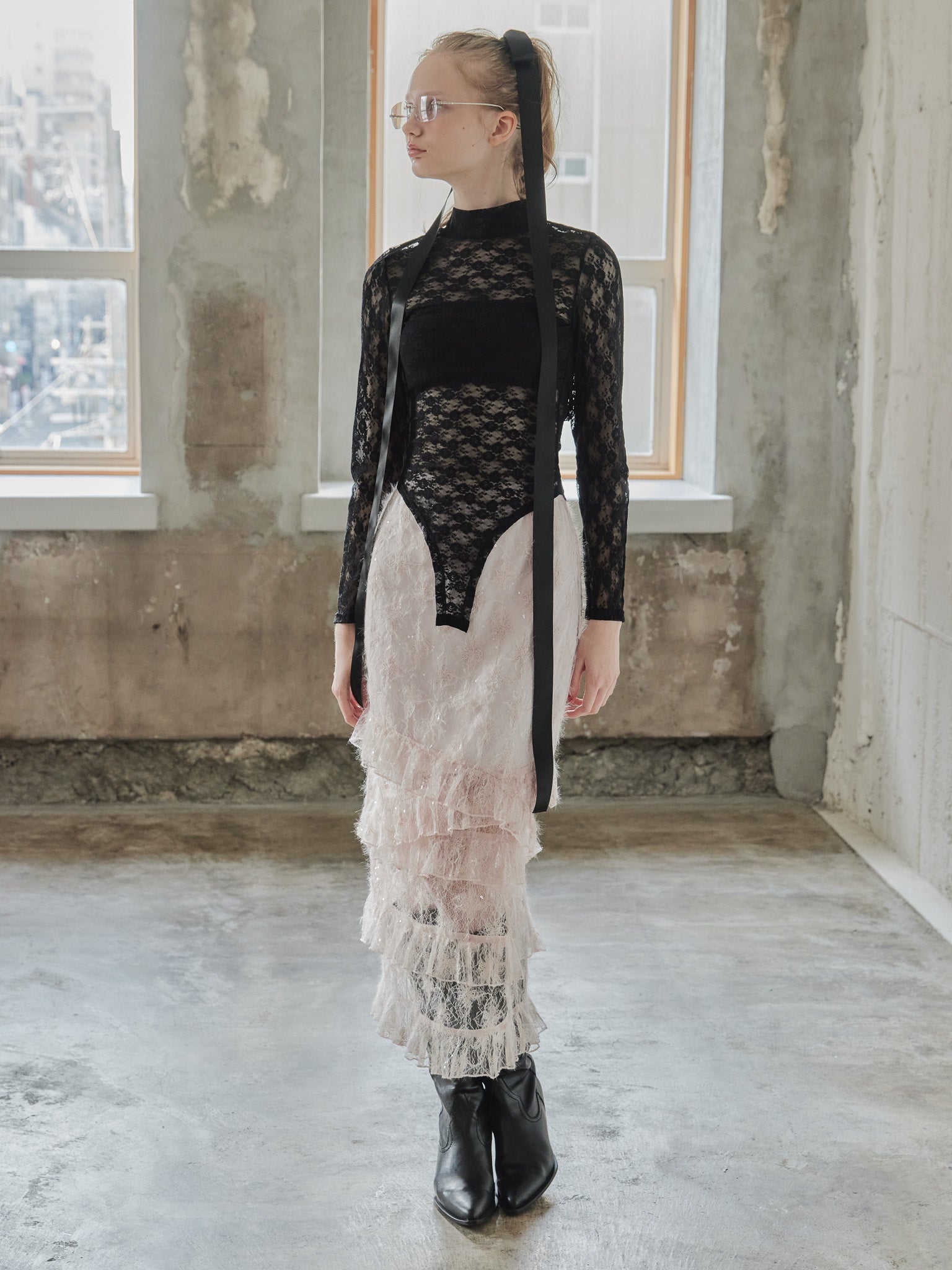 Shiny lace tiered skirt ピンク size:M model:173cm DASHA.G