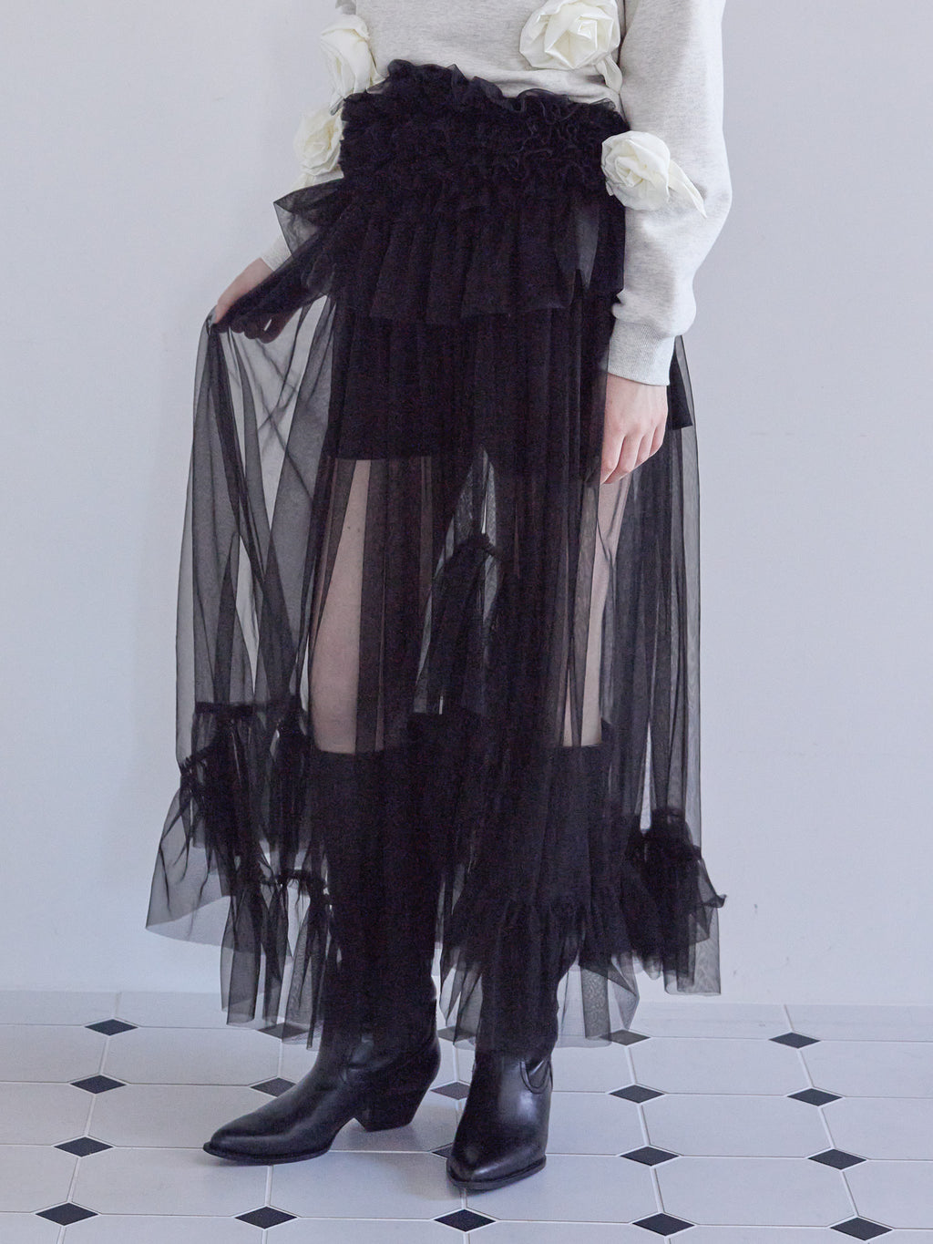 Frill tulle skirt & shorts set ブラック size:M model:173cm ALINA