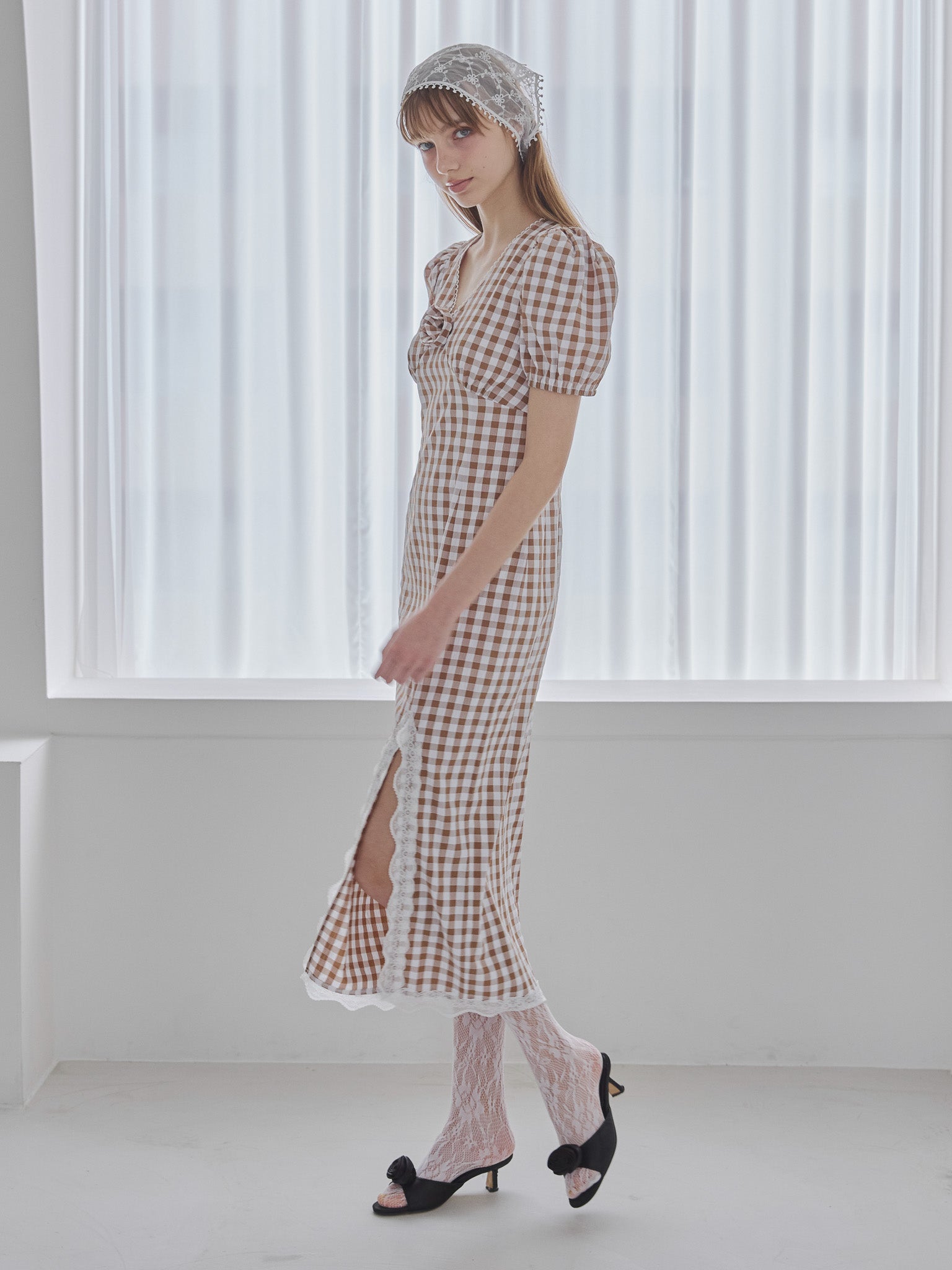 Rose gingham dress モカ size:M model:175cm MARTA