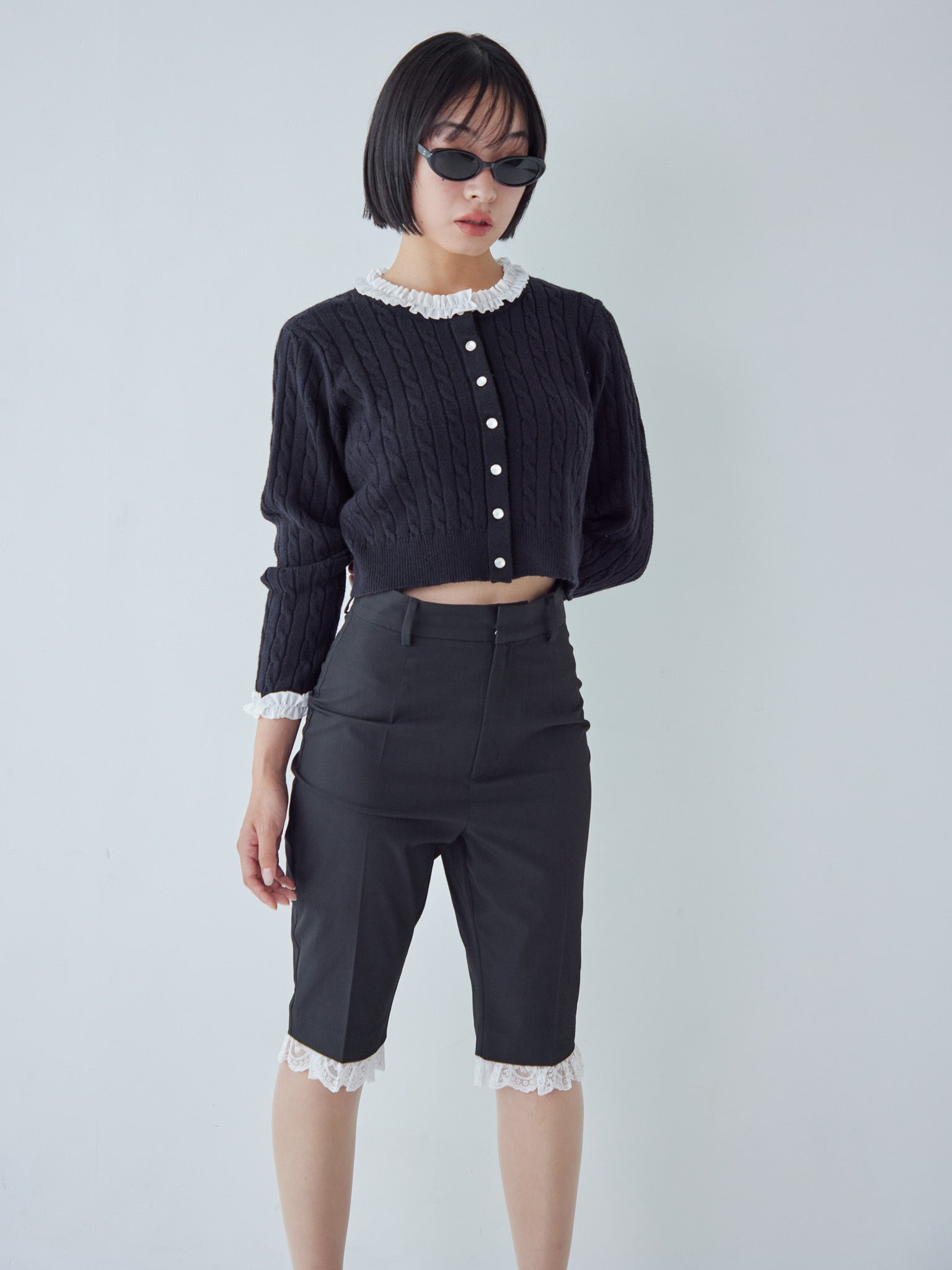 Frilly cable knit cardigan ブラック size:M model:161cm 富樫かなえ