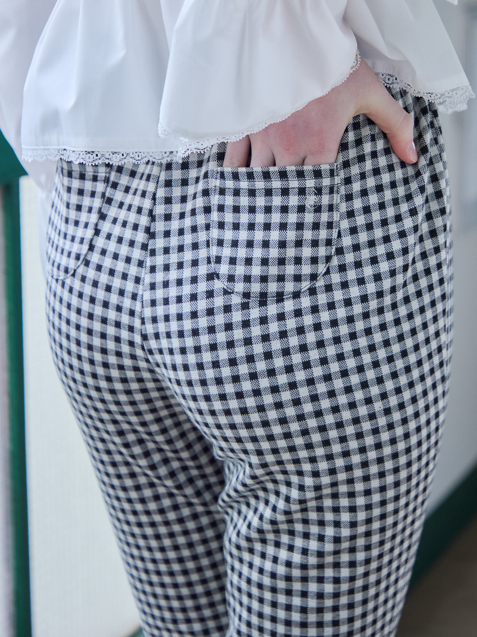 Gingham check sabrina stretch pants ブラック size:M model:171cm ANIUTA
