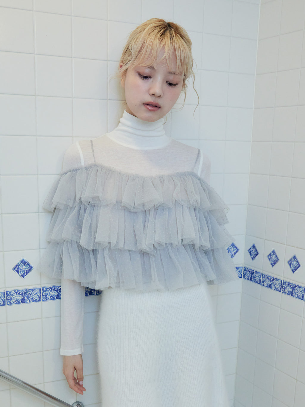 Dot tulle ruffle & knit top set ライトグレー size:M model:163cm MINAMI