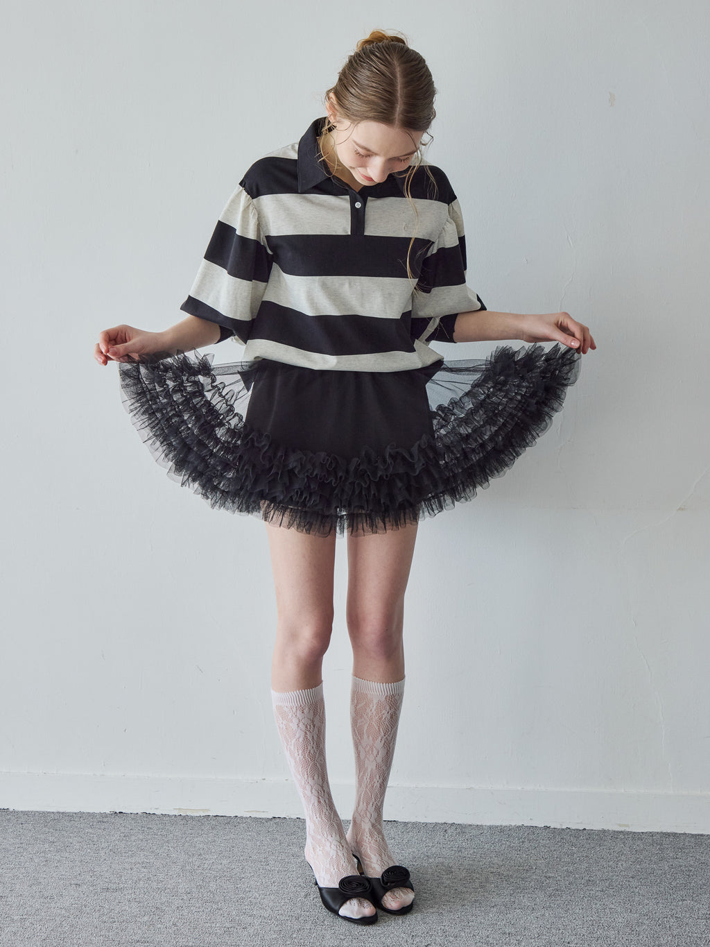 Rugby shirt and frill pants skirt ブラック size:M model:171cm ANIUTA