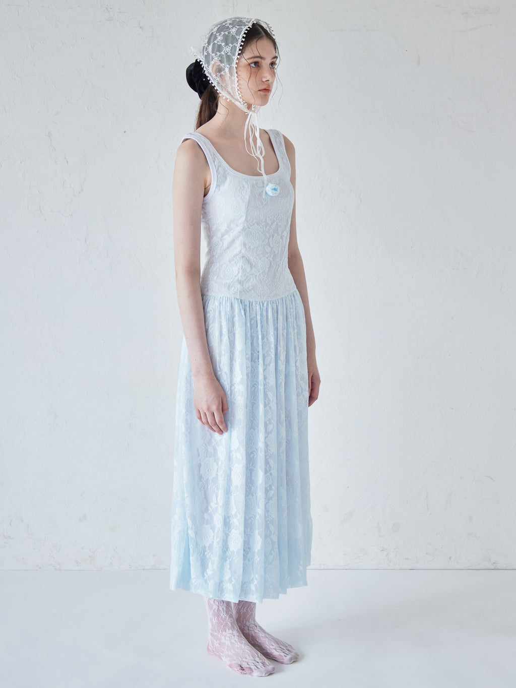 Low switching rose lace dress サックス size:M model:170cm ALICE