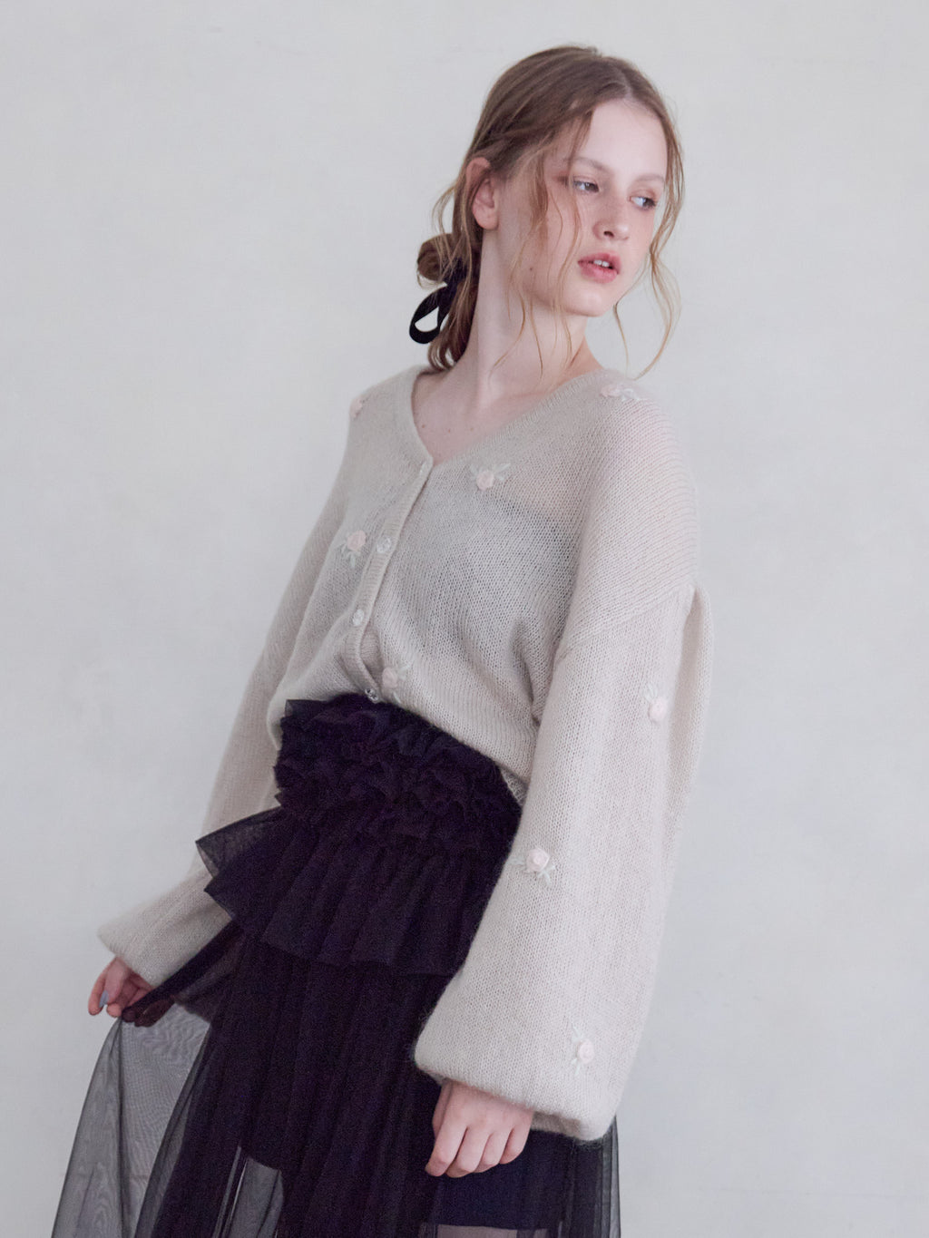 Many rose embroidery cardigan モカ size:M model:173cm ALINA