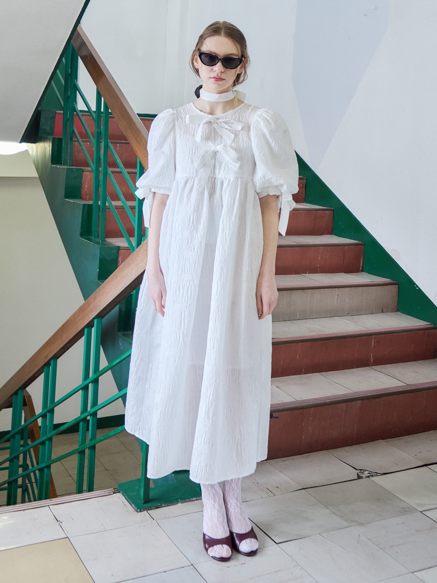 Ribbon jaquard volume dress ホワイト size:M model:171cm ANIUTA