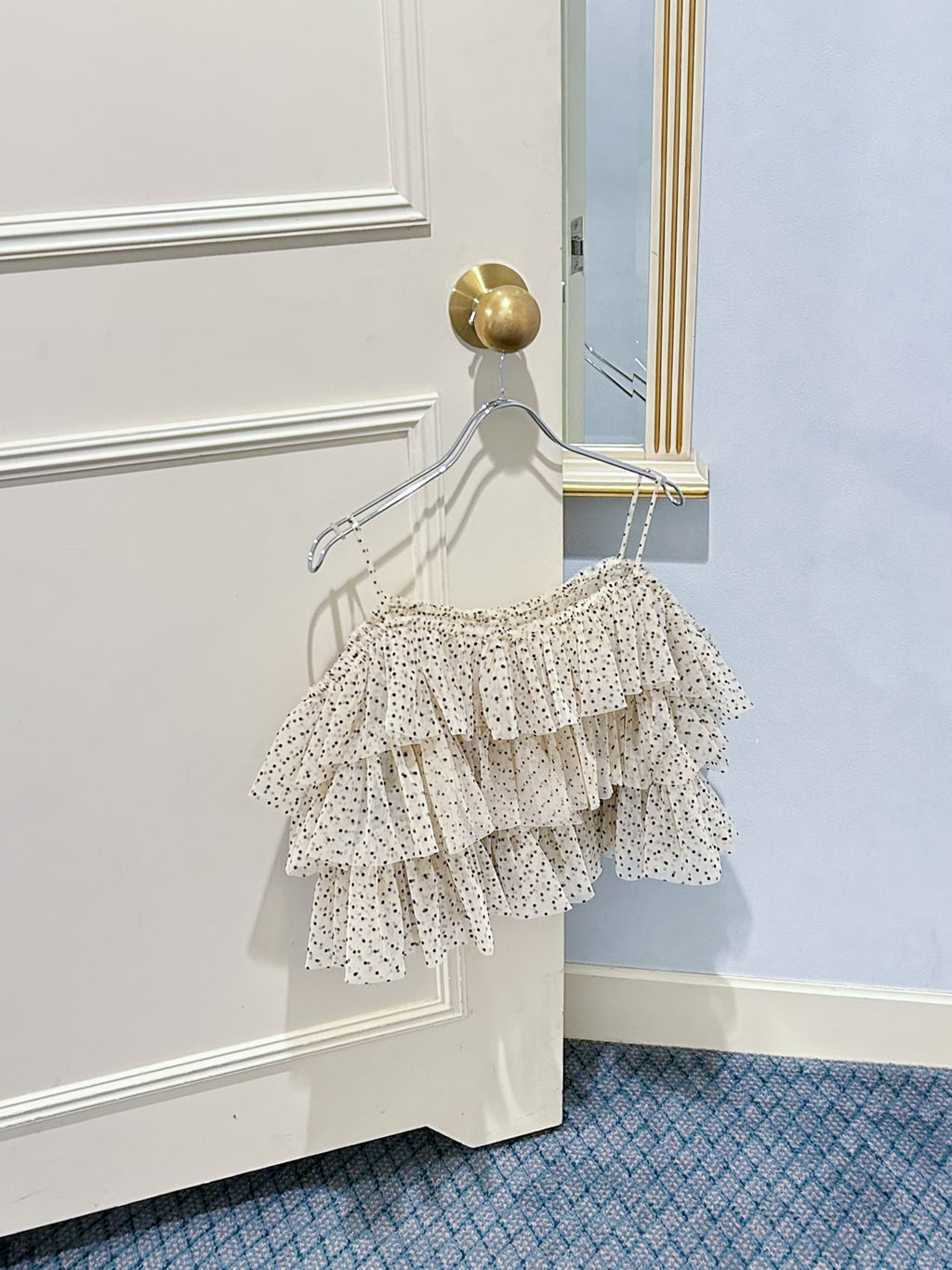 Dot tulle ruffle & knit top set ベージュ