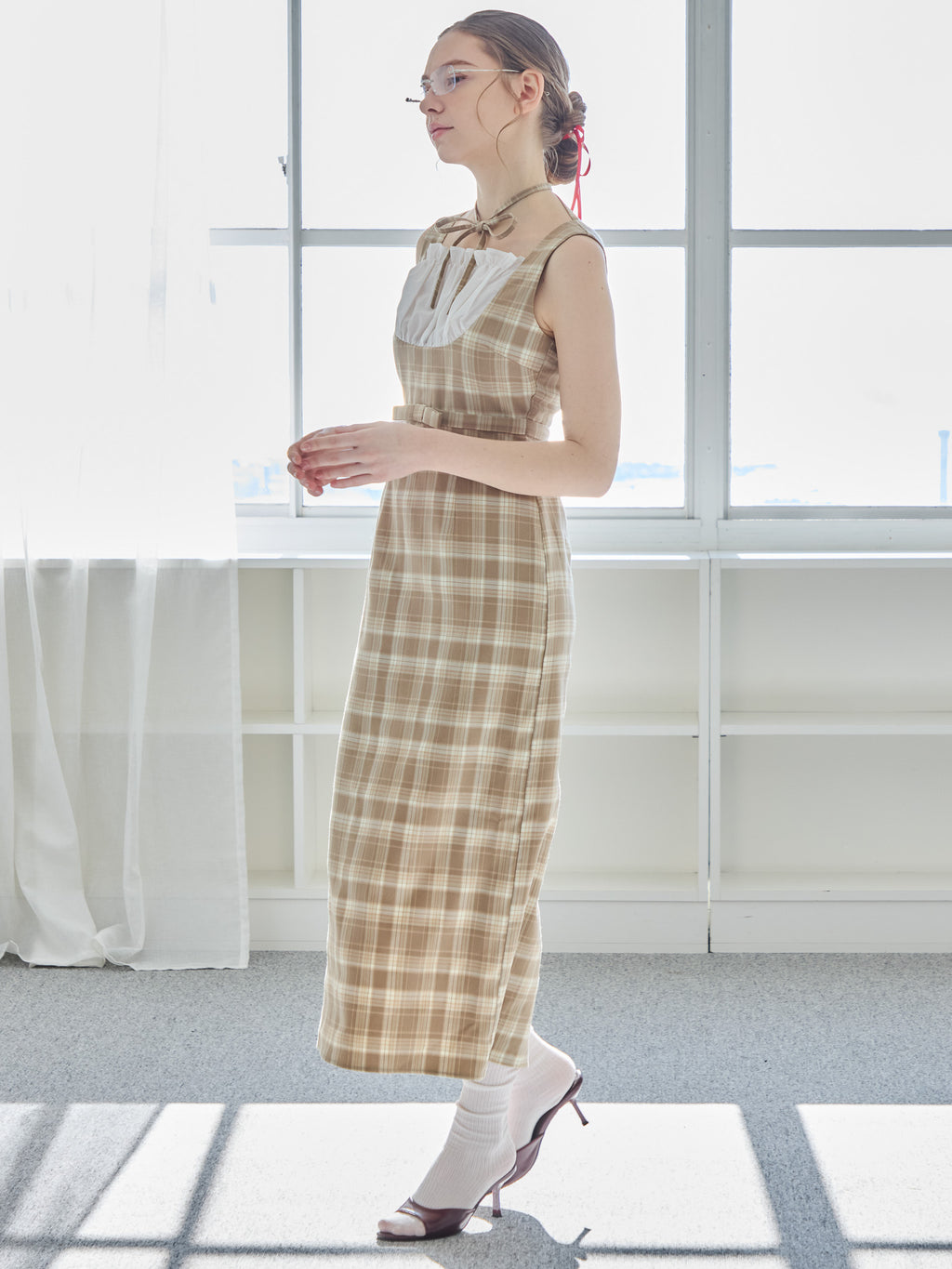 Ribbon waist dress チェック size:M model:171cm ANIUTA