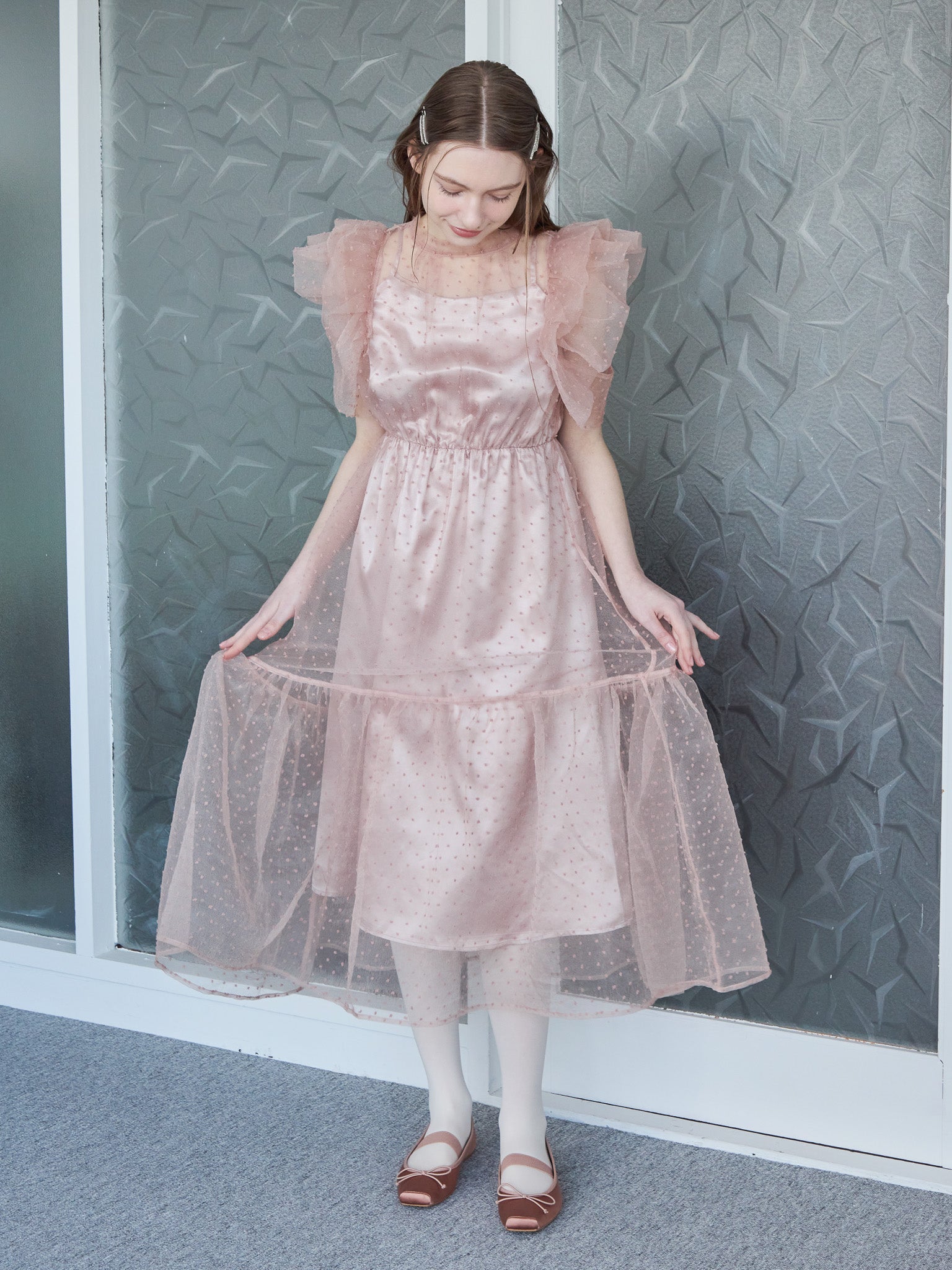 Dot organdy dress ピンクベージュ size:M model:171cm ANIUTA