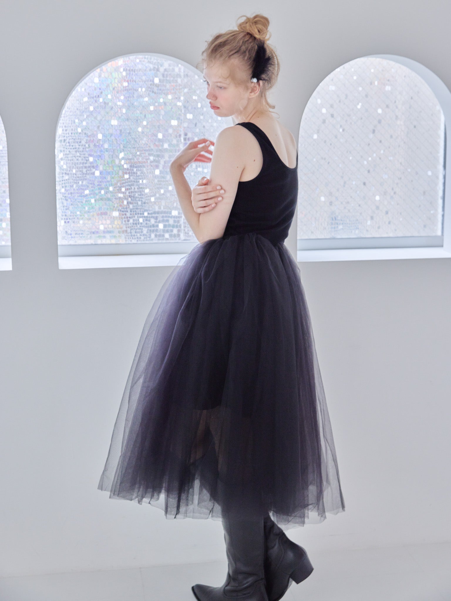 Volume tulle skirt tank dress ブラック size:M model:173cm Olesia