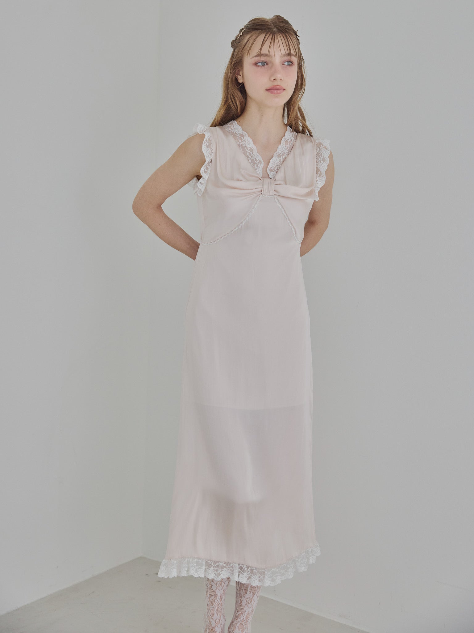Lace trim satin ribbon dress ピンクベージュ size:M model:175cm MARTA