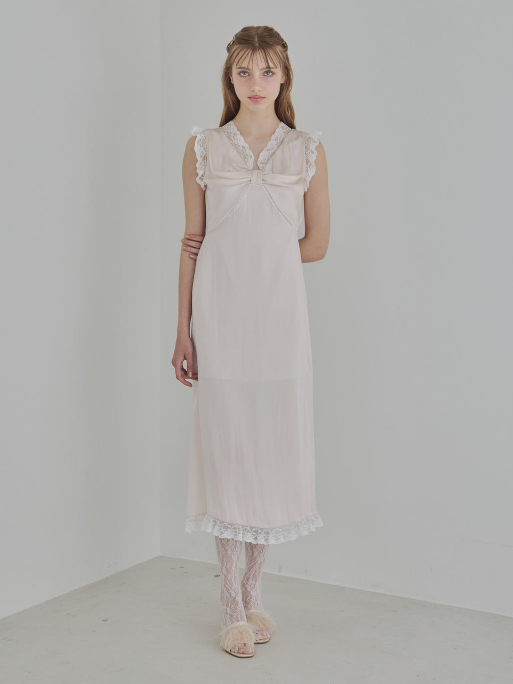 Lace trim satin ribbon dress ピンクベージュ size:M model:175cm MARTA
