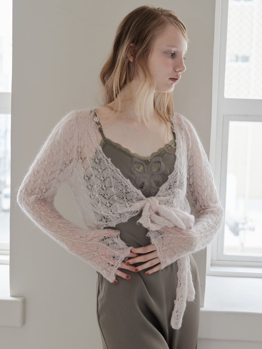 Mohair crochet ribbon cardigan ピンク size:M model:173cm DASHA.G