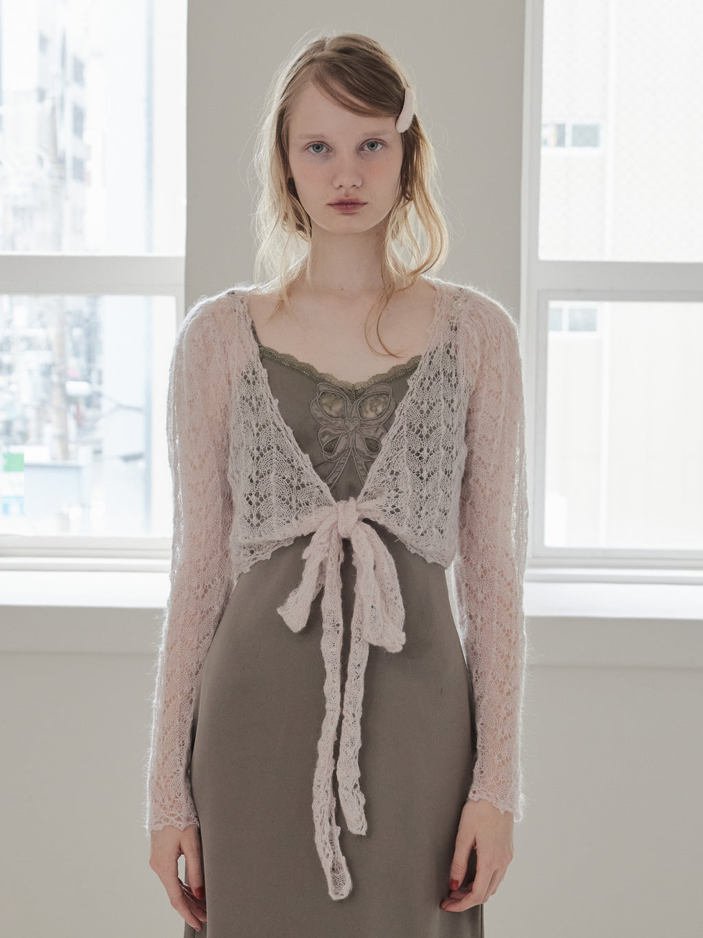 Mohair crochet ribbon cardigan ピンク size:M model:173cm DASHA.G