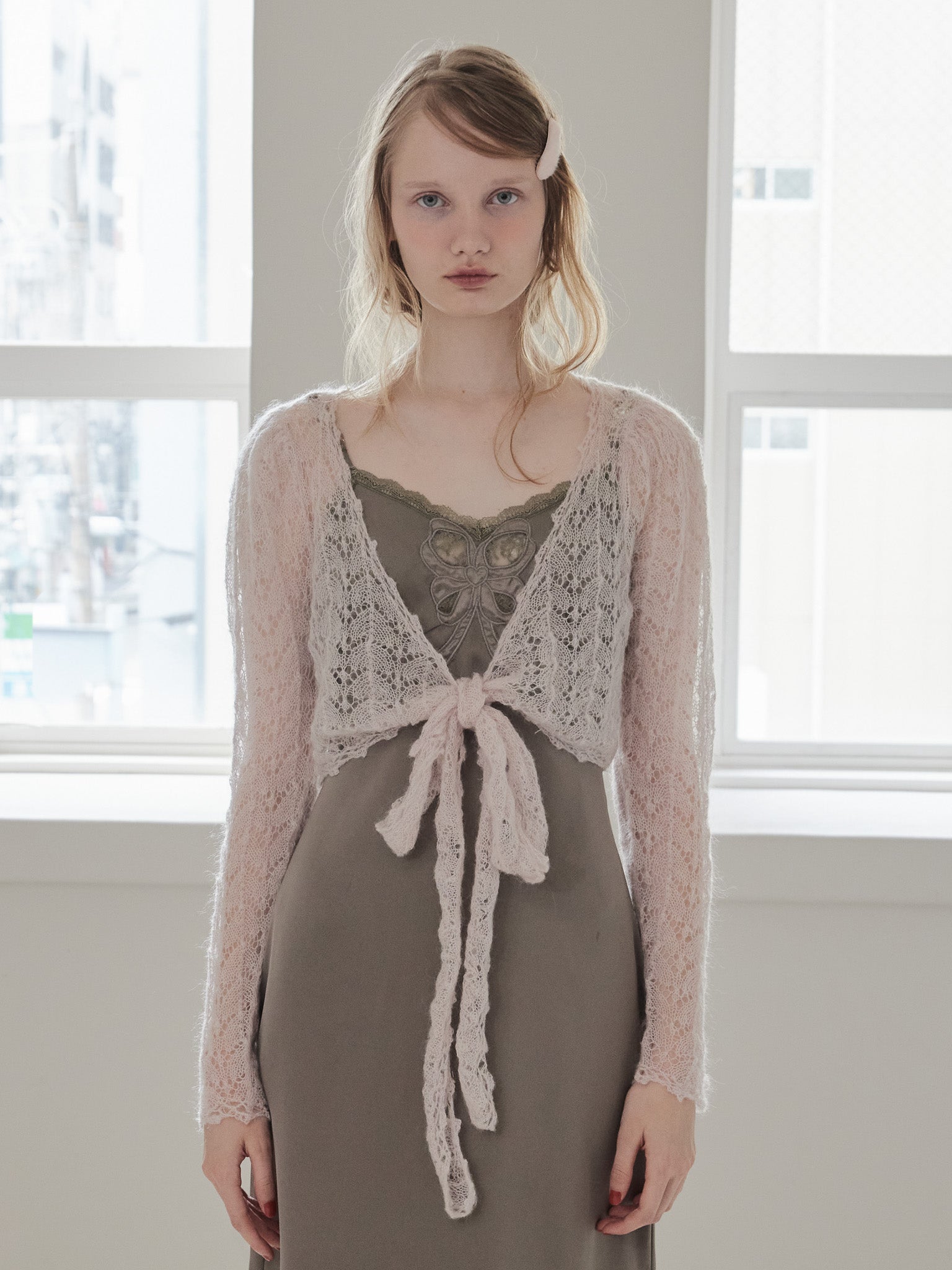 Mohair crochet ribbon cardigan ピンク size:M model:173cm DASHA.G