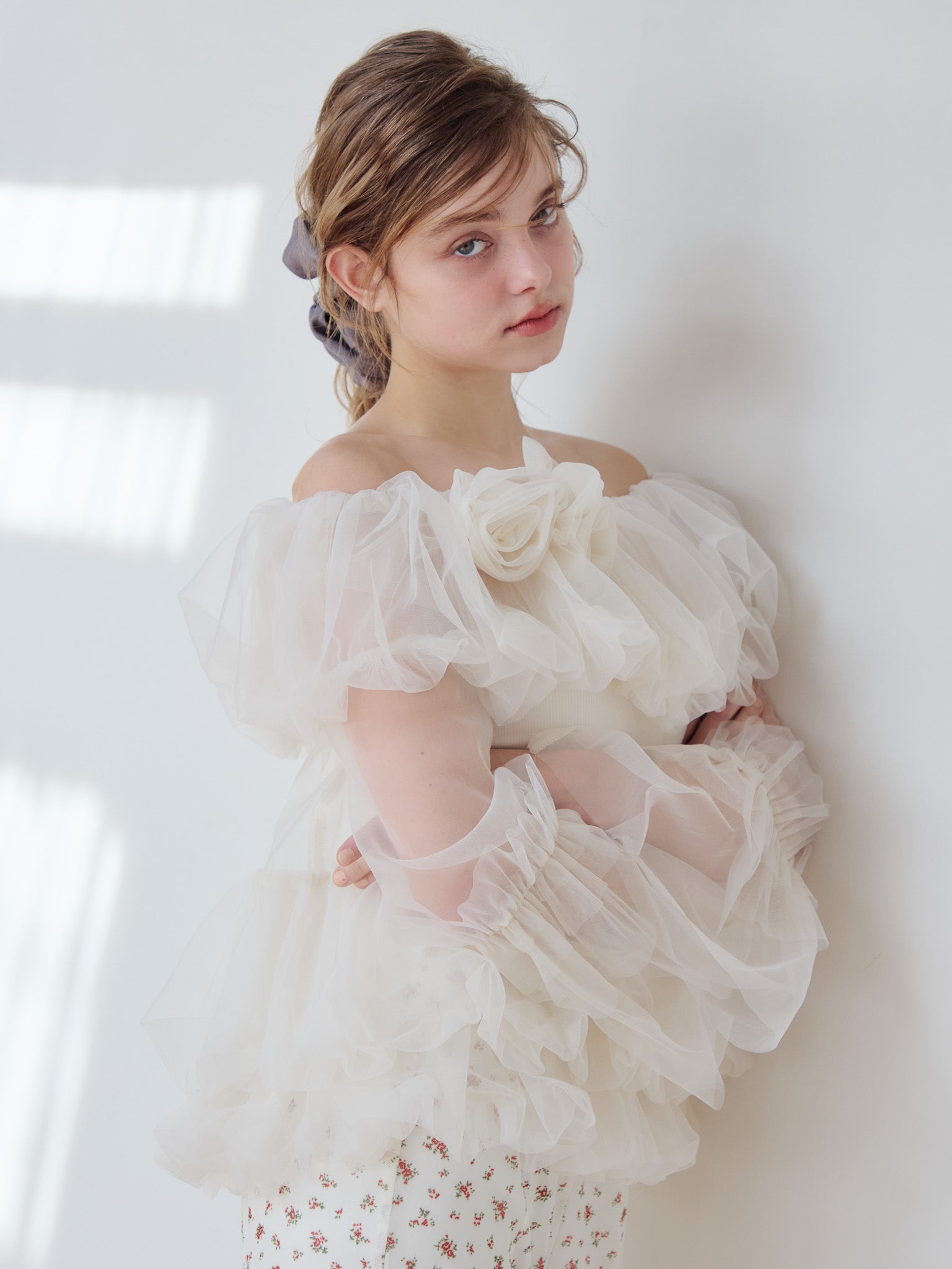 Rose tulle off shoulder blouse ホワイト size:M model:174cm KATERYNA
