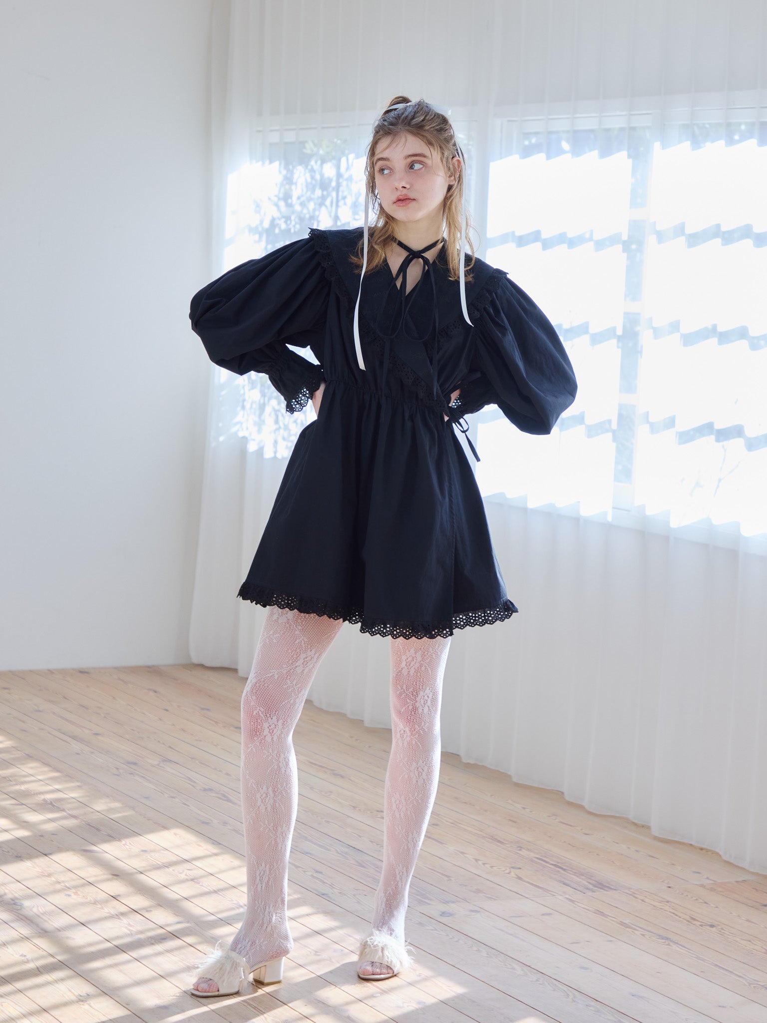 French letter collar wrap mini dress ブラック size:M model:174cm KATERYNA