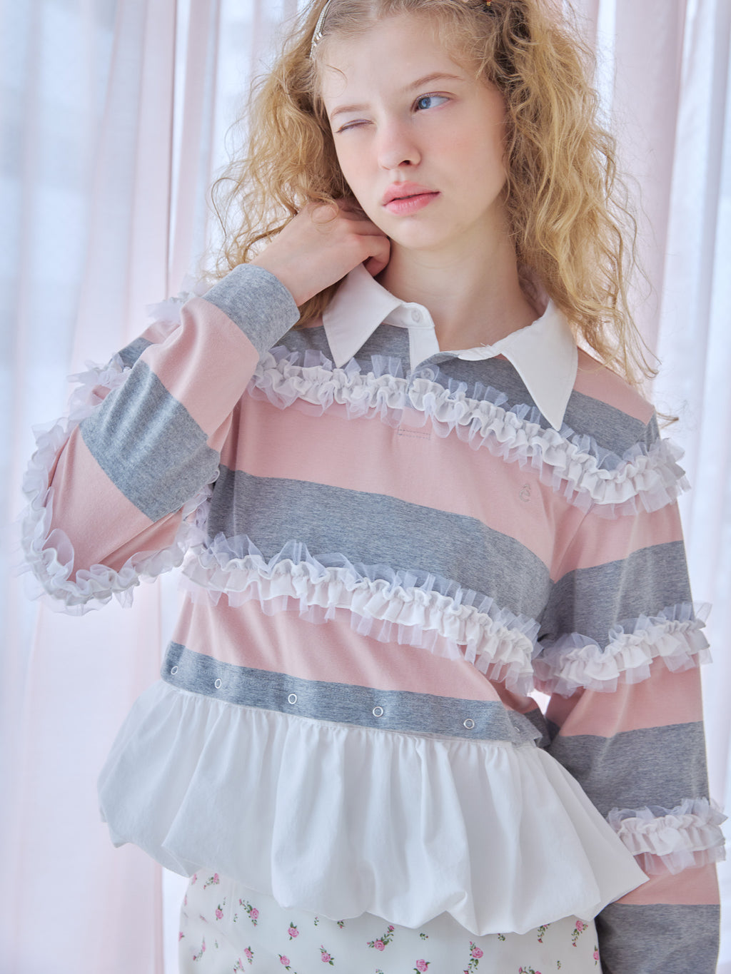 Balloon hem rugby shirt ピンク size:M model:173cm Olesia