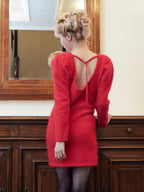 Back open shaggy knit mini dress レッド size:M model:163cm MINAMI