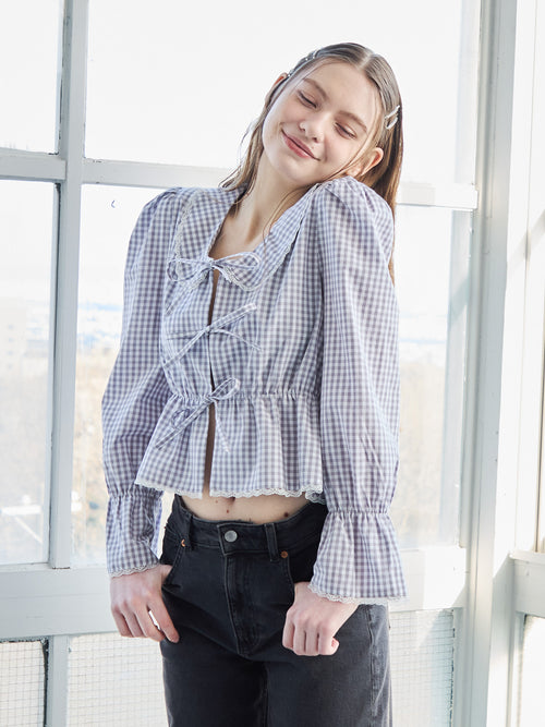 Front ribbon blouse グレー size:M model:171cm ANIUTA